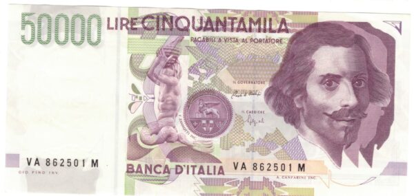Lire 50.000 mila Bernini 2° tipo bicolore lettera A anno 25 luglio 1992