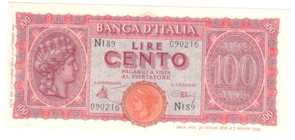 Lire100 Italia turrita anno 10 dicembre 1944 luogotenenza