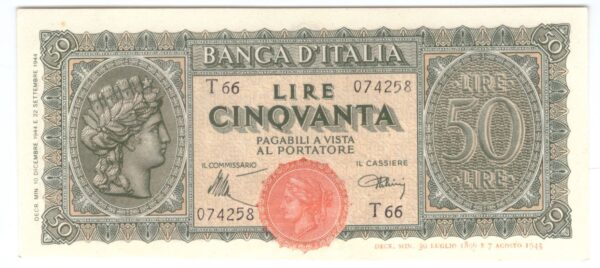 Lire 50 Italia turrita anno 10 dicembre 1944 luogotenenza