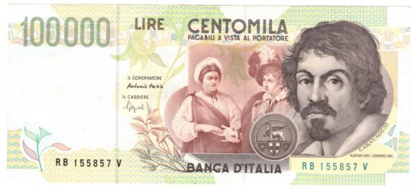 Lire 100.000 mila Caravaggio 2° tipo bicolore lettera B anno 27 febbraio 1995